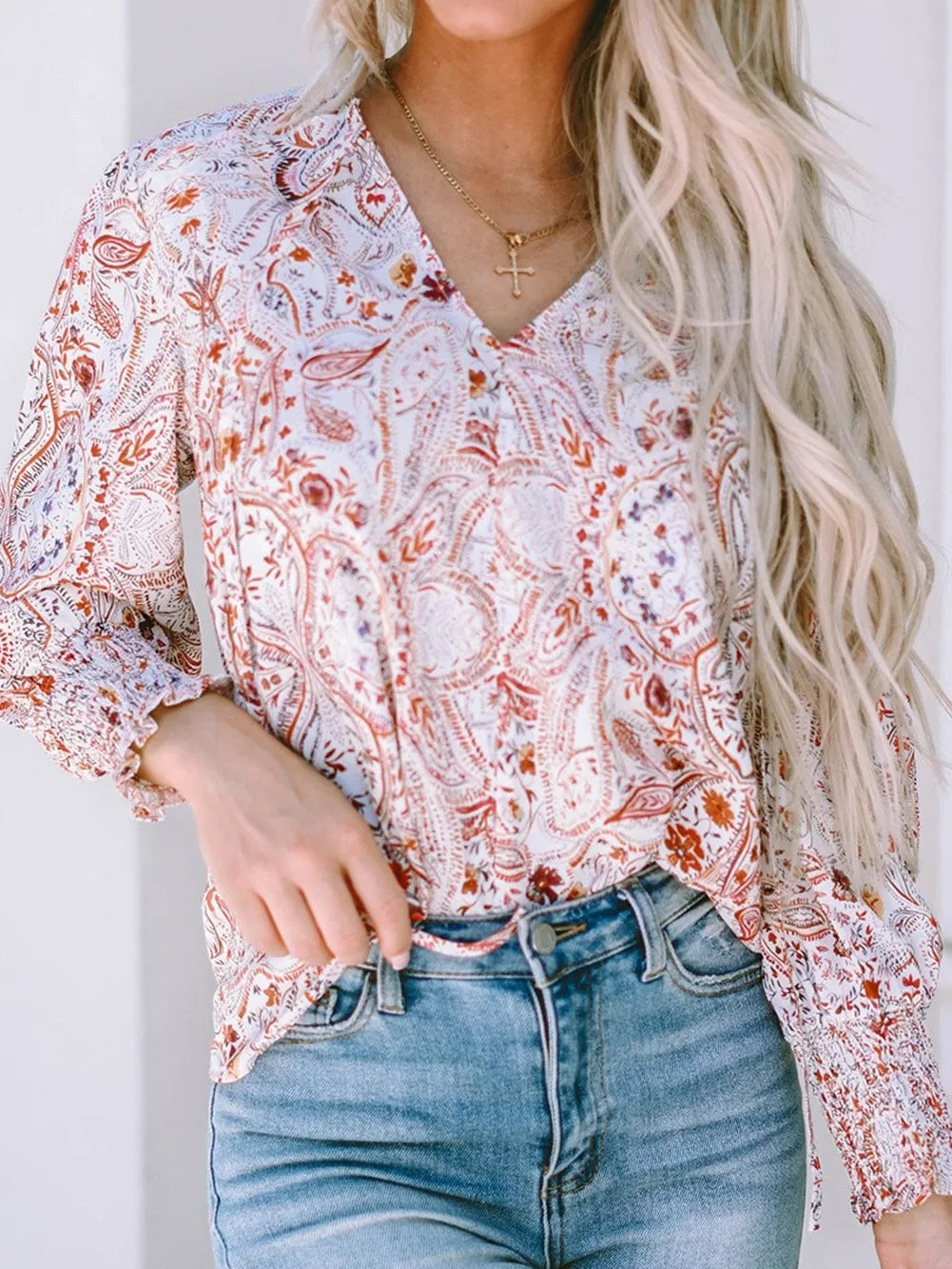 Bohemian Red Paisley Vintage Blouse with Shirred Sleeves
