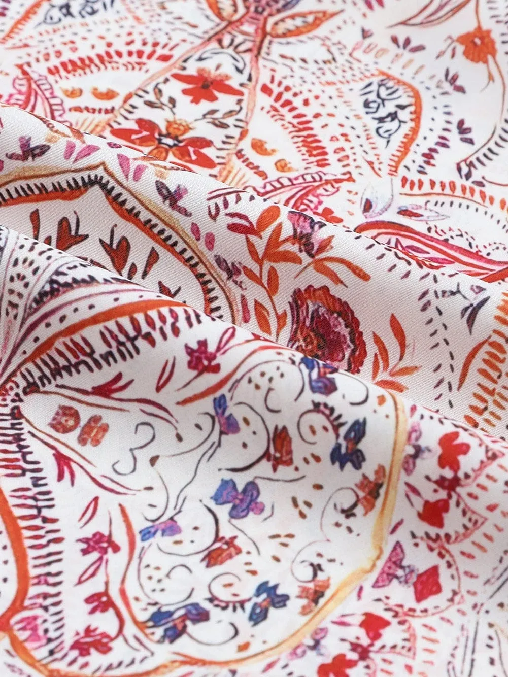 Bohemian Red Paisley Vintage Blouse with Shirred Sleeves