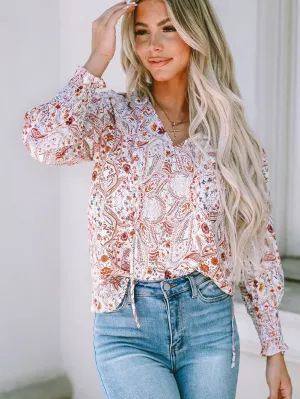 Bohemian Red Paisley Vintage Blouse with Shirred Sleeves