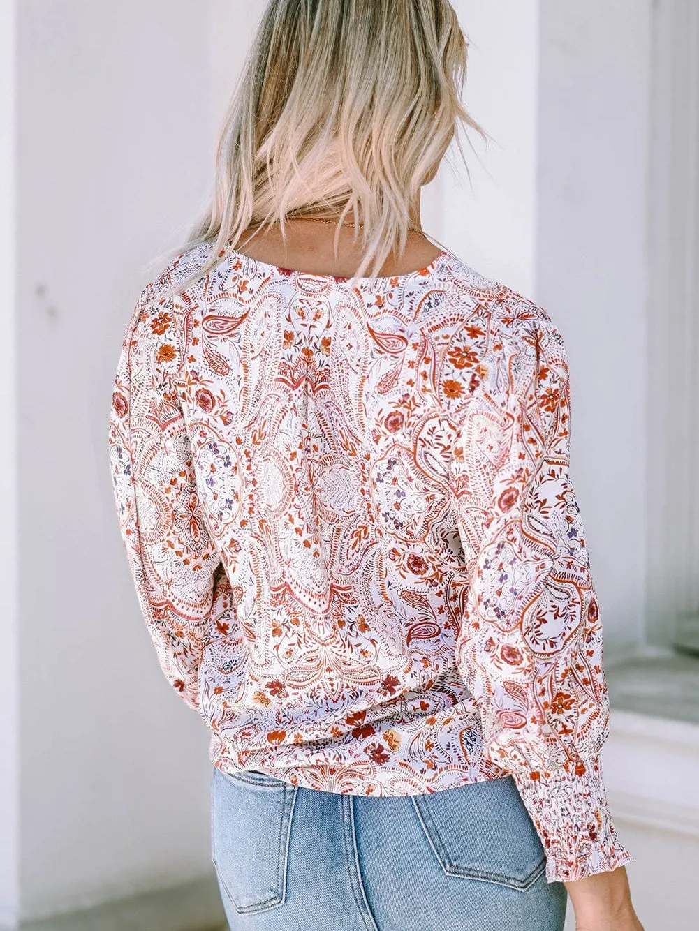 Bohemian Red Paisley Vintage Blouse with Shirred Sleeves