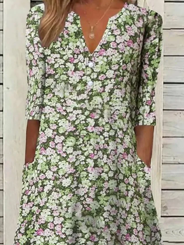 Casual Dress Floral Dress Midi Dress Blue Purple Green Half Sleeve Floral Ruched Summer Spring V Neck Stylish Vacation  S M L XL XXL 3XL for Women