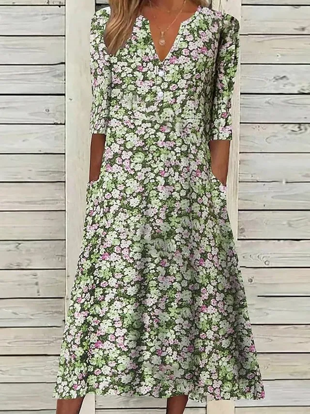 Casual Dress Floral Dress Midi Dress Blue Purple Green Half Sleeve Floral Ruched Summer Spring V Neck Stylish Vacation  S M L XL XXL 3XL for Women