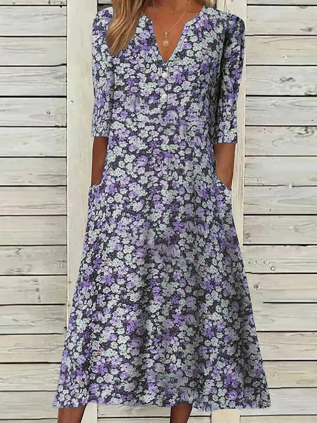 Casual Dress Floral Dress Midi Dress Blue Purple Green Half Sleeve Floral Ruched Summer Spring V Neck Stylish Vacation  S M L XL XXL 3XL for Women