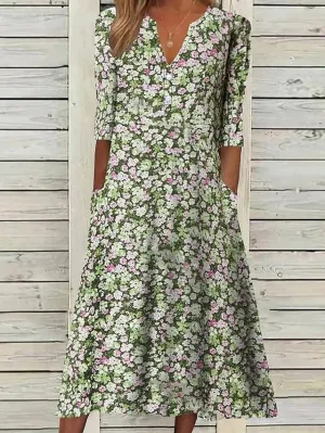 Casual Dress Floral Dress Midi Dress Blue Purple Green Half Sleeve Floral Ruched Summer Spring V Neck Stylish Vacation  S M L XL XXL 3XL for Women
