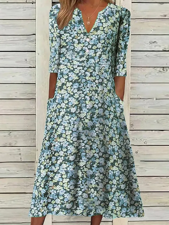 Casual Dress Floral Dress Midi Dress Blue Purple Green Half Sleeve Floral Ruched Summer Spring V Neck Stylish Vacation  S M L XL XXL 3XL for Women