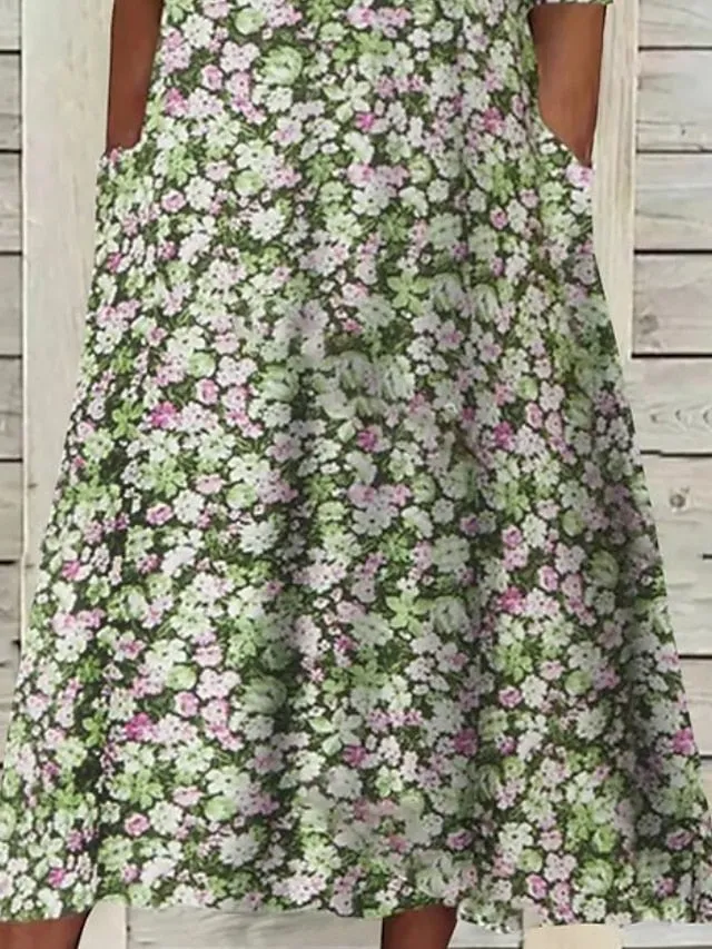 Casual Dress Floral Dress Midi Dress Blue Purple Green Half Sleeve Floral Ruched Summer Spring V Neck Stylish Vacation  S M L XL XXL 3XL for Women