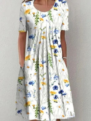 Casual Dress Shift Dress Floral Dress Midi Dress White Short Sleeve Floral Ruched Summer Spring Crew Neck Vacation Vacation Loose Fit  S M L XL XXL 3XL for Women