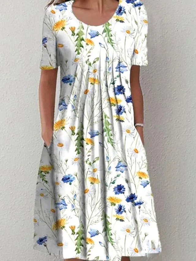Casual Dress Shift Dress Floral Dress Midi Dress White Short Sleeve Floral Ruched Summer Spring Crew Neck Vacation Vacation Loose Fit  S M L XL XXL 3XL for Women