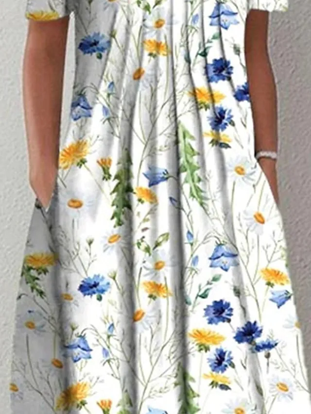 Casual Dress Shift Dress Floral Dress Midi Dress White Short Sleeve Floral Ruched Summer Spring Crew Neck Vacation Vacation Loose Fit  S M L XL XXL 3XL for Women