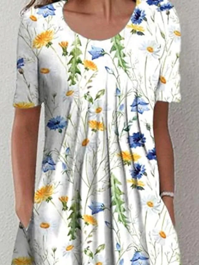 Casual Dress Shift Dress Floral Dress Midi Dress White Short Sleeve Floral Ruched Summer Spring Crew Neck Vacation Vacation Loose Fit  S M L XL XXL 3XL for Women