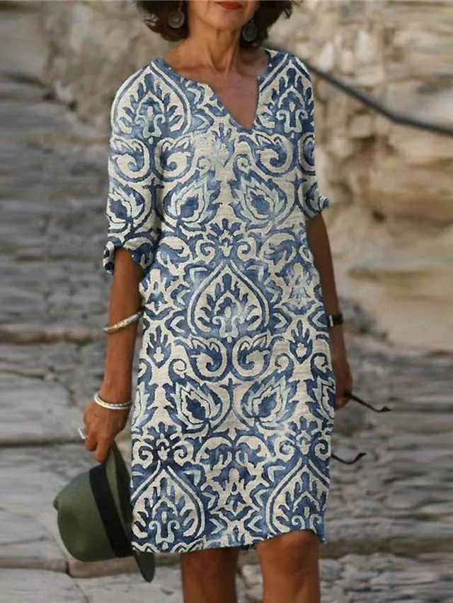 Casual Dress Shift Dress Midi Dress Blue Green Half Sleeve Floral Print Summer Spring V Neck Elegant  S M L XL XXL 3XL for Women