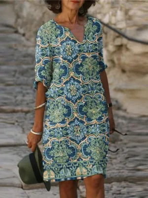 Casual Dress Shift Dress Midi Dress Blue Green Half Sleeve Floral Print Summer Spring V Neck Elegant  S M L XL XXL 3XL for Women
