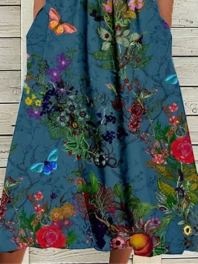 Casual Dress Shift Dress Print Dress Floral Button Pocket V Neck Midi Dress Fashion Streetwear Outdoor Daily Sleeveless Regular Fit Blue Spring Summer S M L XL XXL for Women