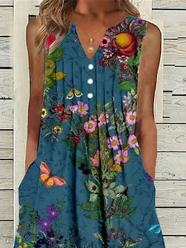 Casual Dress Shift Dress Print Dress Floral Button Pocket V Neck Midi Dress Fashion Streetwear Outdoor Daily Sleeveless Regular Fit Blue Spring Summer S M L XL XXL for Women