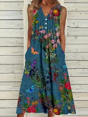 Casual Dress Shift Dress Print Dress Floral Button Pocket V Neck Midi Dress Fashion Streetwear Outdoor Daily Sleeveless Regular Fit Blue Spring Summer S M L XL XXL for Women
