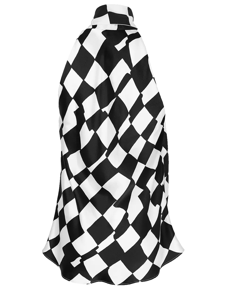 Checked Neck Tie Blouse