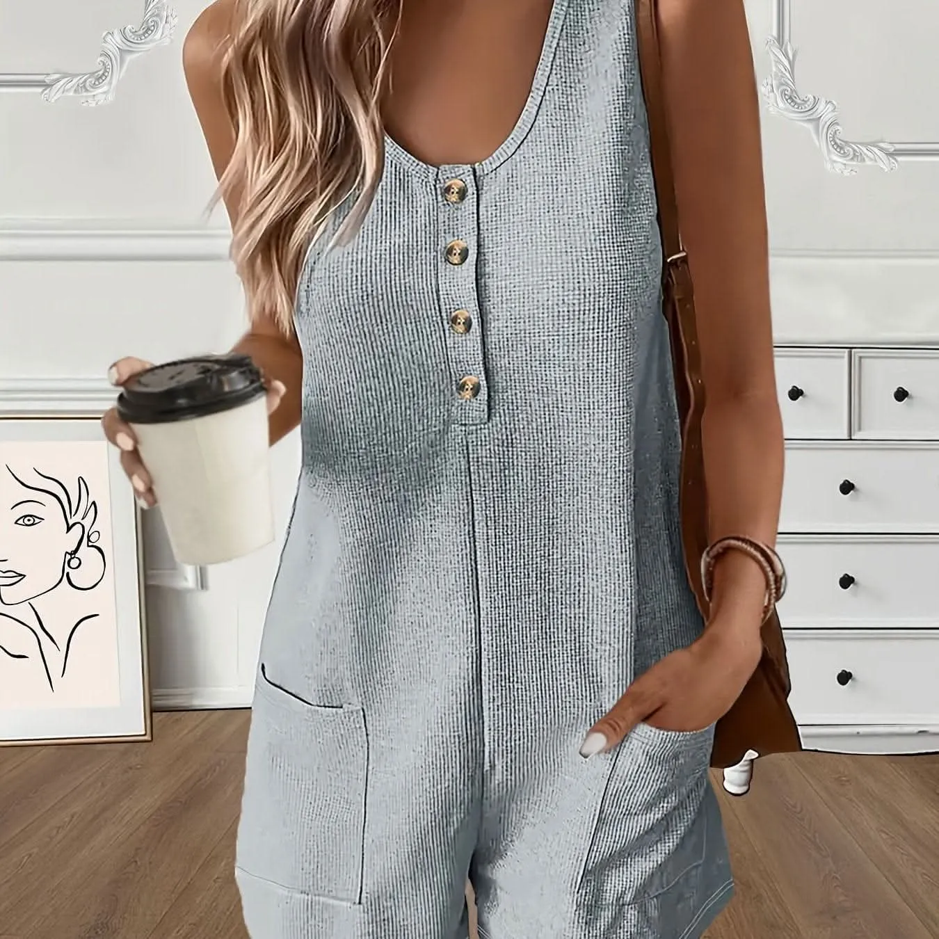 Chic Womens Sleeveless ButtonFront Romper with Pockets