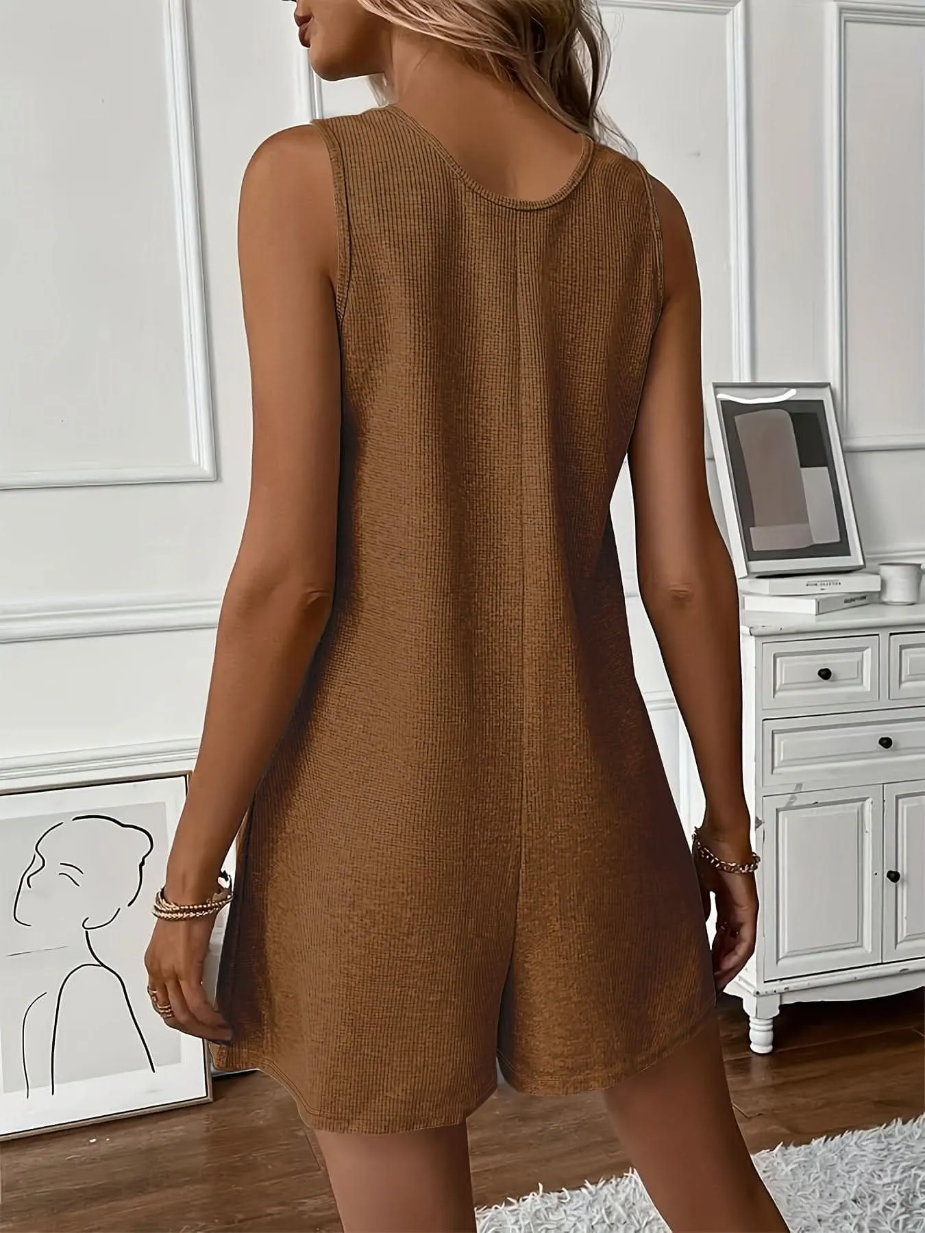 Chic Womens Sleeveless ButtonFront Romper with Pockets