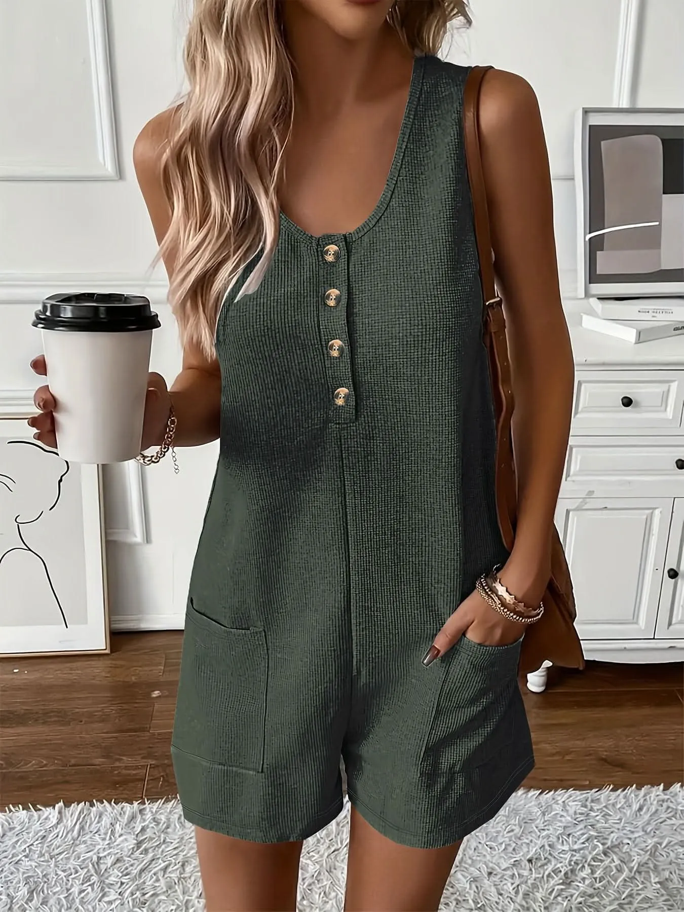 Chic Womens Sleeveless ButtonFront Romper with Pockets