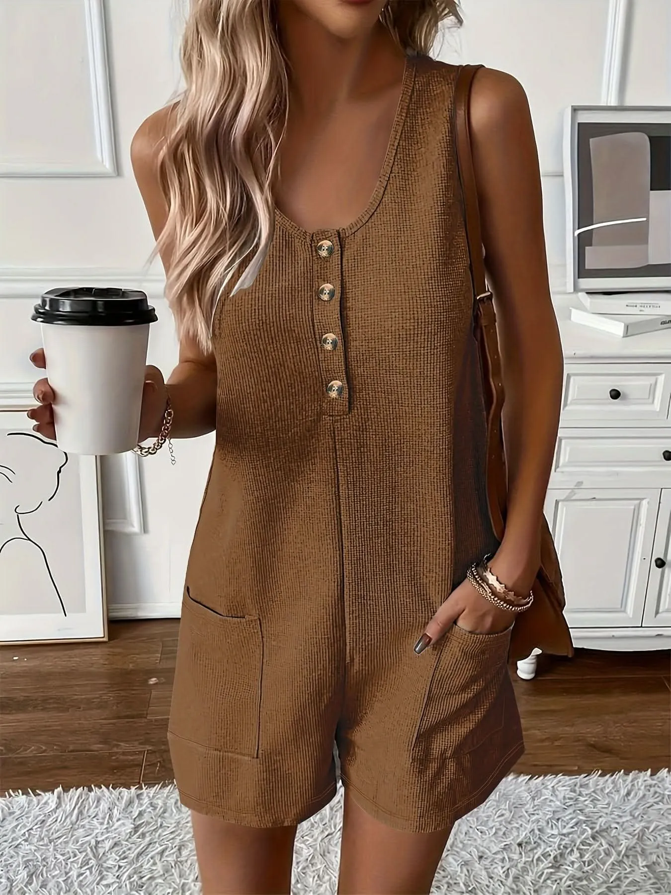 Chic Womens Sleeveless ButtonFront Romper with Pockets