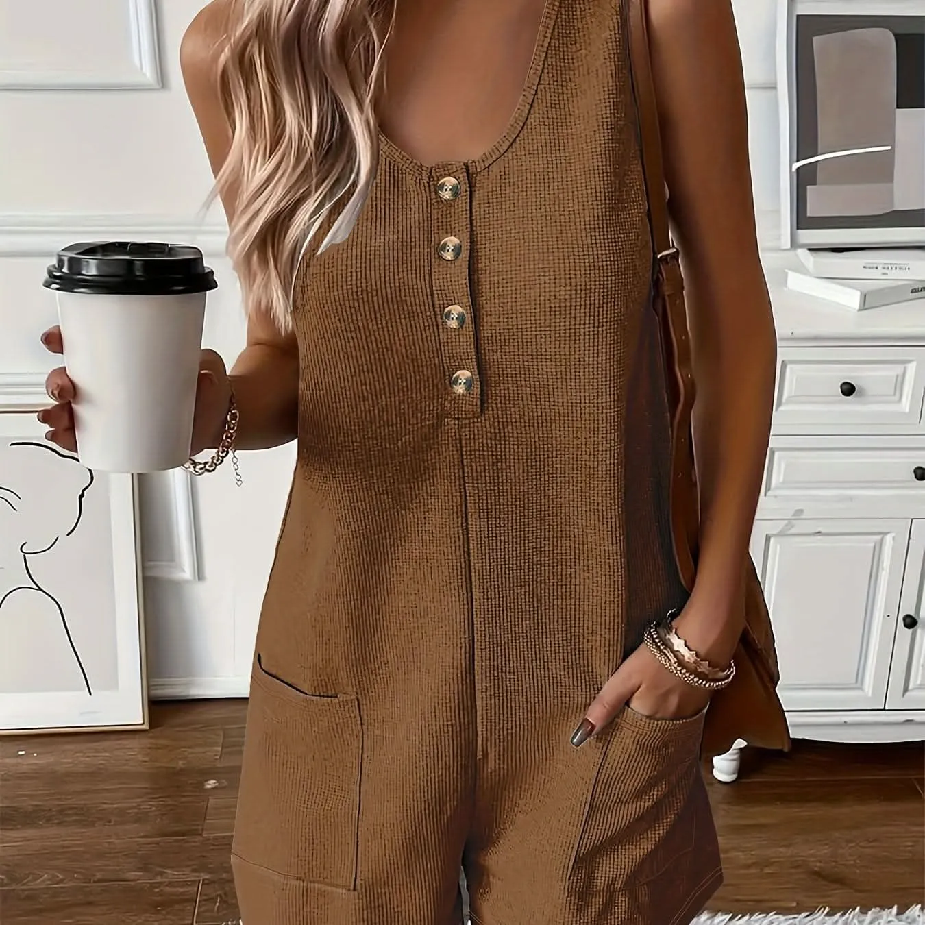 Chic Womens Sleeveless ButtonFront Romper with Pockets