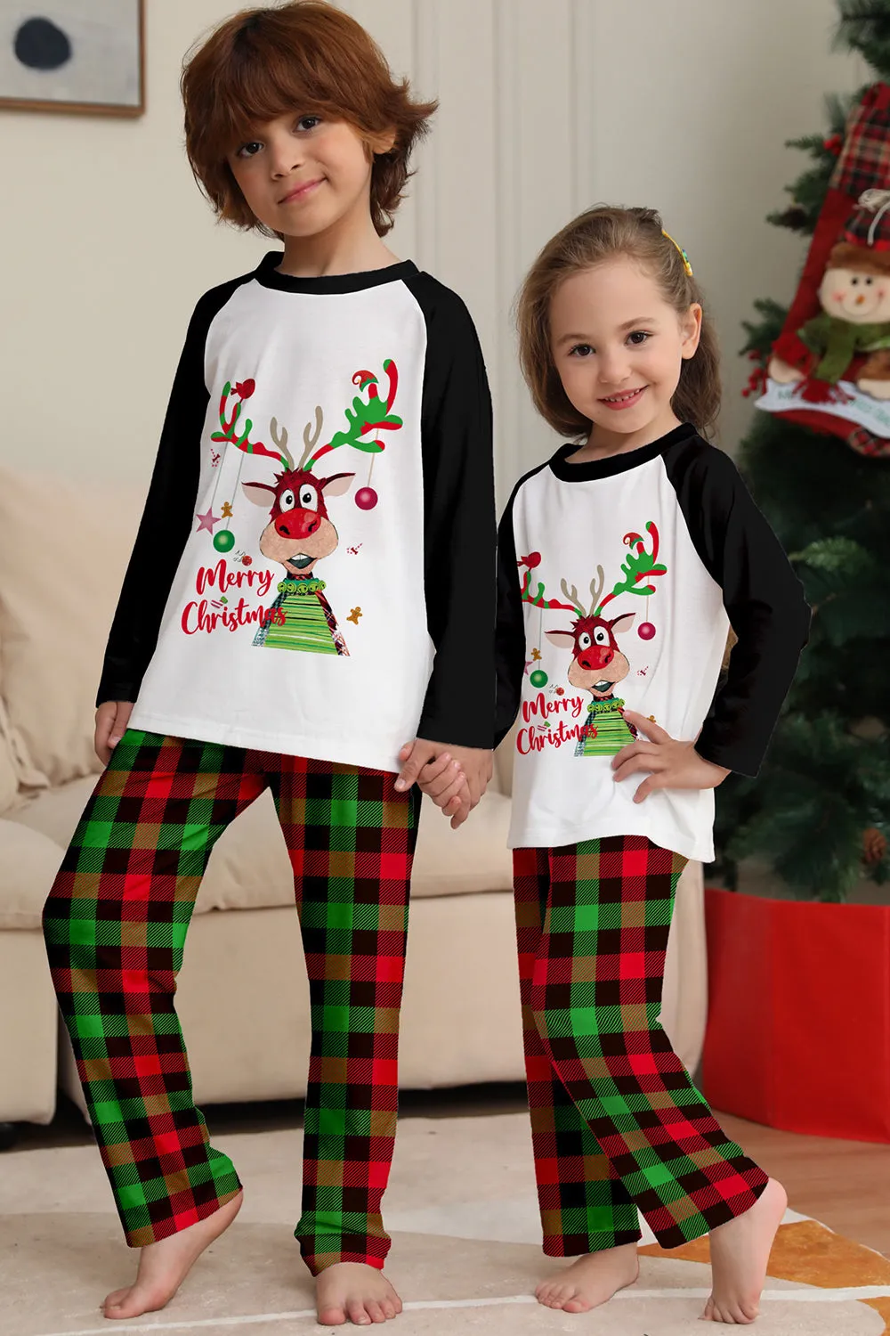 Christmas Family Black White Deer Printed Plaid Pajamas Set