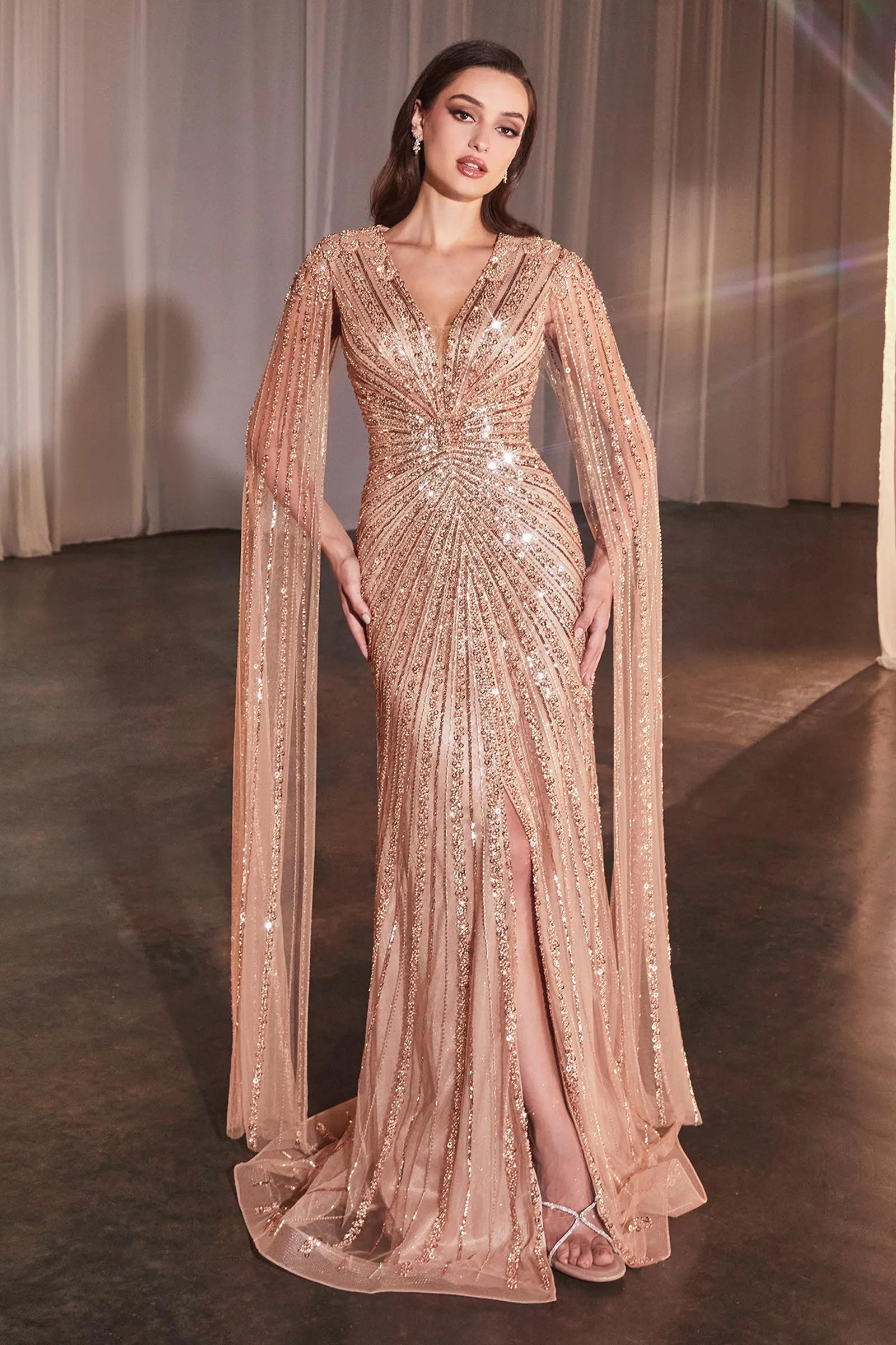 CINDERELLA DIVINE CD0239 Long Sleeve Fully Beaded Sheath Gown