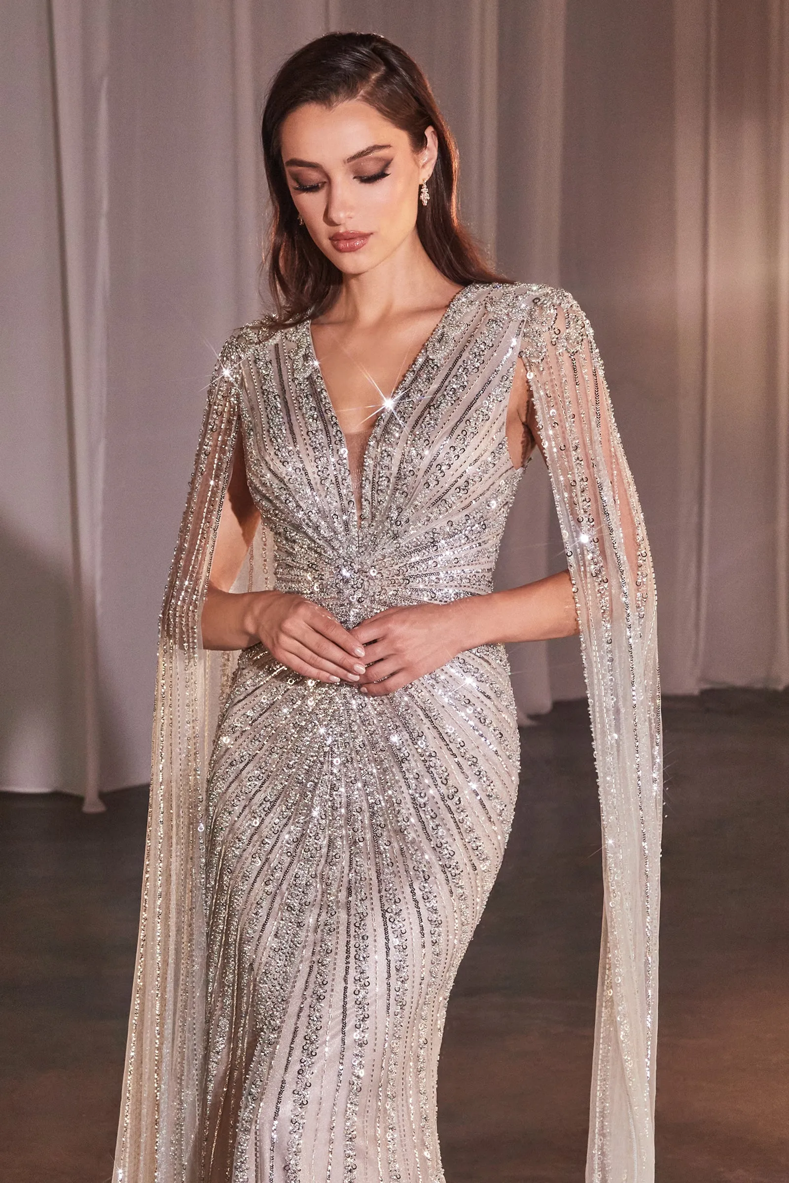 CINDERELLA DIVINE CD0239 Long Sleeve Fully Beaded Sheath Gown