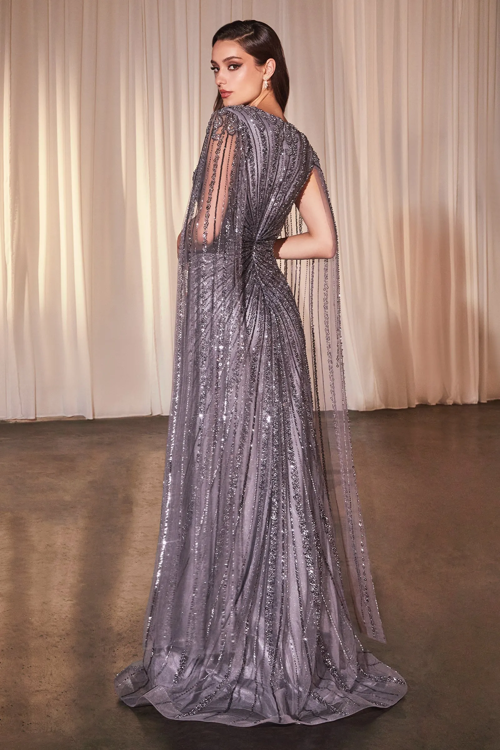CINDERELLA DIVINE CD0239 Long Sleeve Fully Beaded Sheath Gown