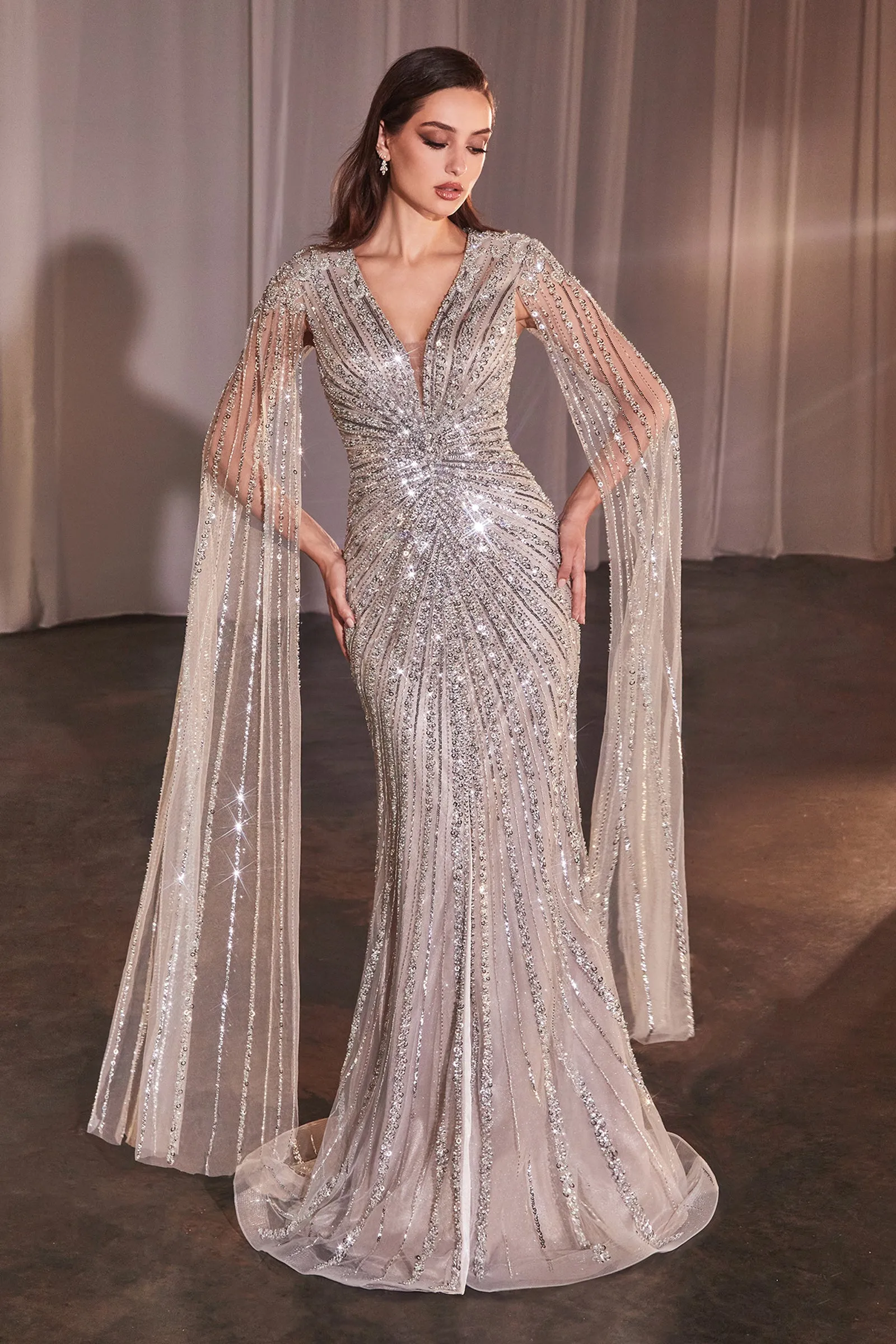CINDERELLA DIVINE CD0239 Long Sleeve Fully Beaded Sheath Gown
