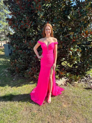 CLARISSE 810447 Hot Pink Lace Off the Shoulder Dress with Slit - Size 20