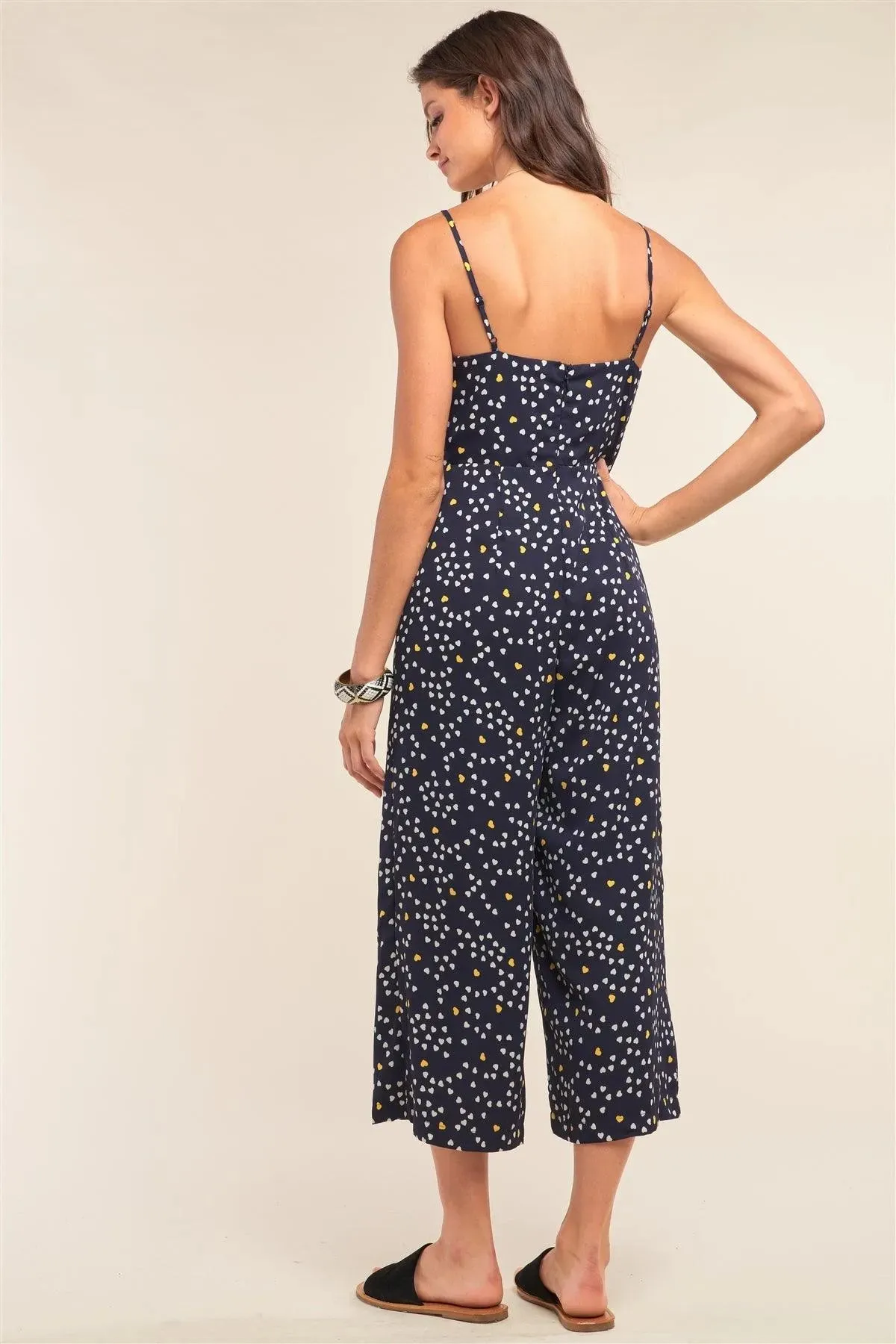 Collecting Hearts Navy Heart Print Sleeveless V-Neck Gathered Chest Draw String Tie Detail Wide Leg Jumpsuit /1-2-2-1