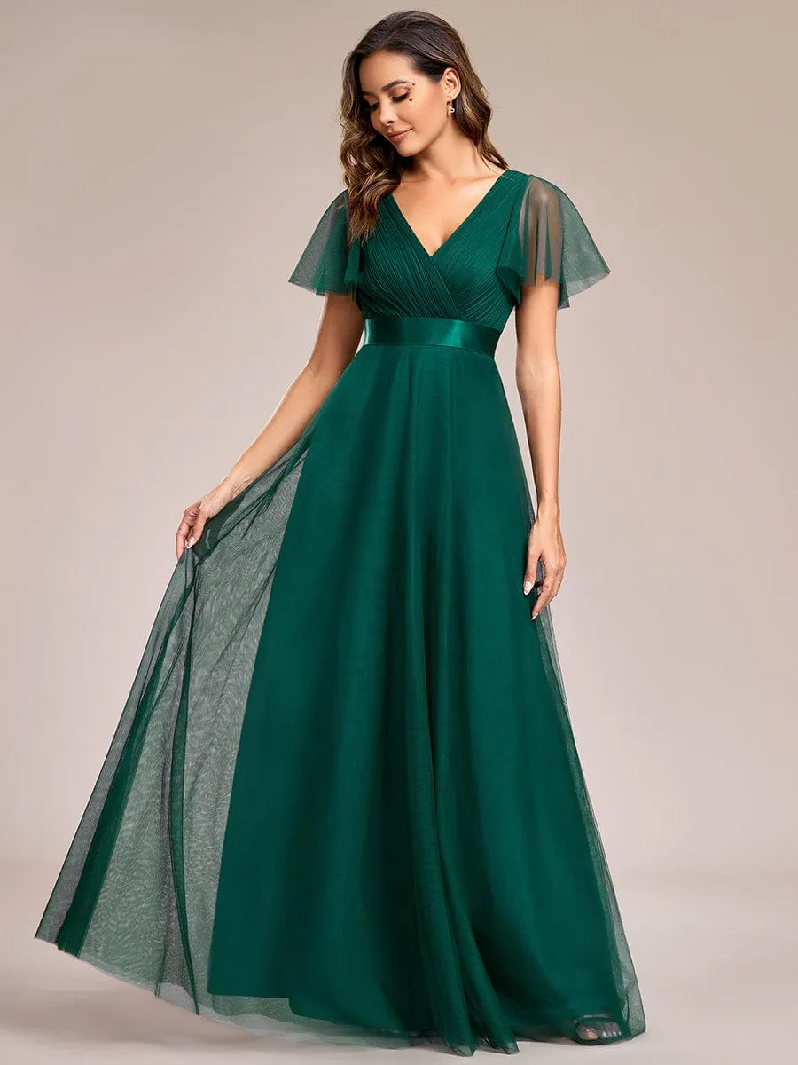 Custom Size Double V-Neck Floor-Length Bridesmaid Dress with Short Sleeve
