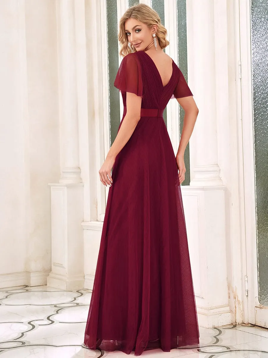 Custom Size Double V-Neck Floor-Length Bridesmaid Dress with Short Sleeve