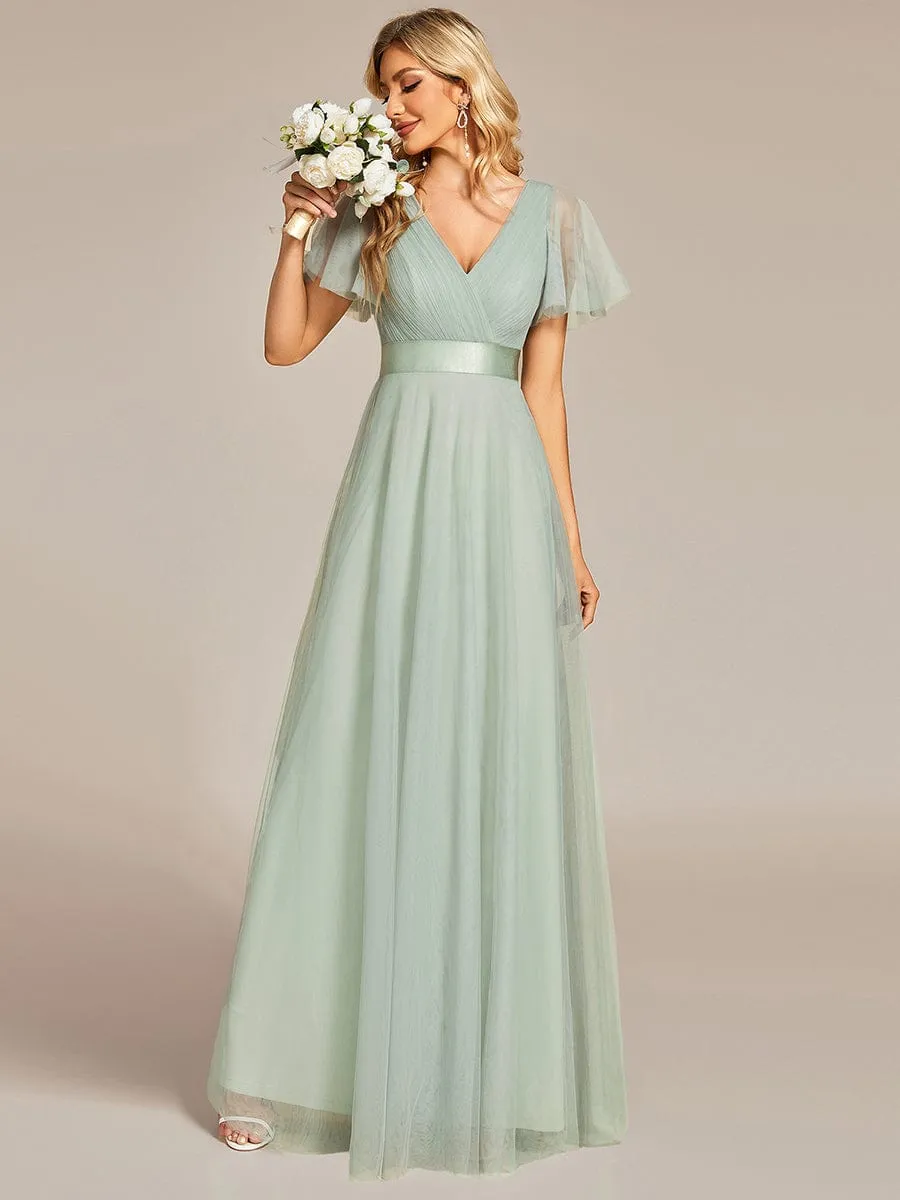 Custom Size Double V-Neck Floor-Length Bridesmaid Dress with Short Sleeve