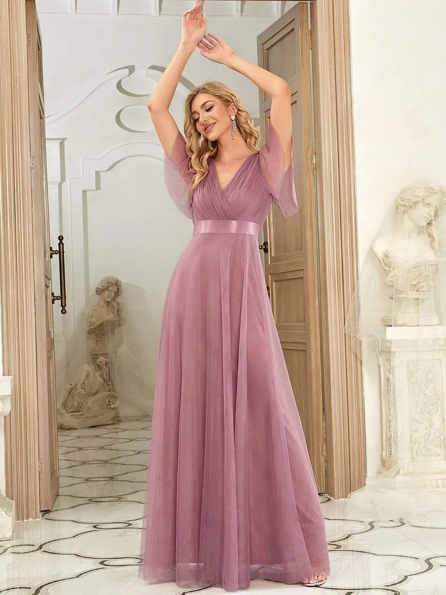 Custom Size Double V-Neck Floor-Length Bridesmaid Dress with Short Sleeve