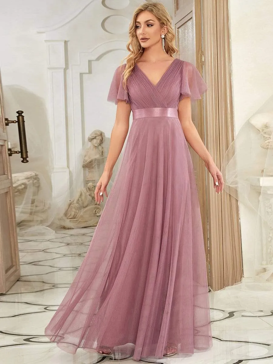 Custom Size Double V-Neck Floor-Length Bridesmaid Dress with Short Sleeve