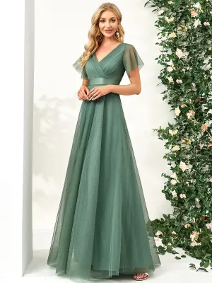Custom Size Double V-Neck Floor-Length Bridesmaid Dress with Short Sleeve