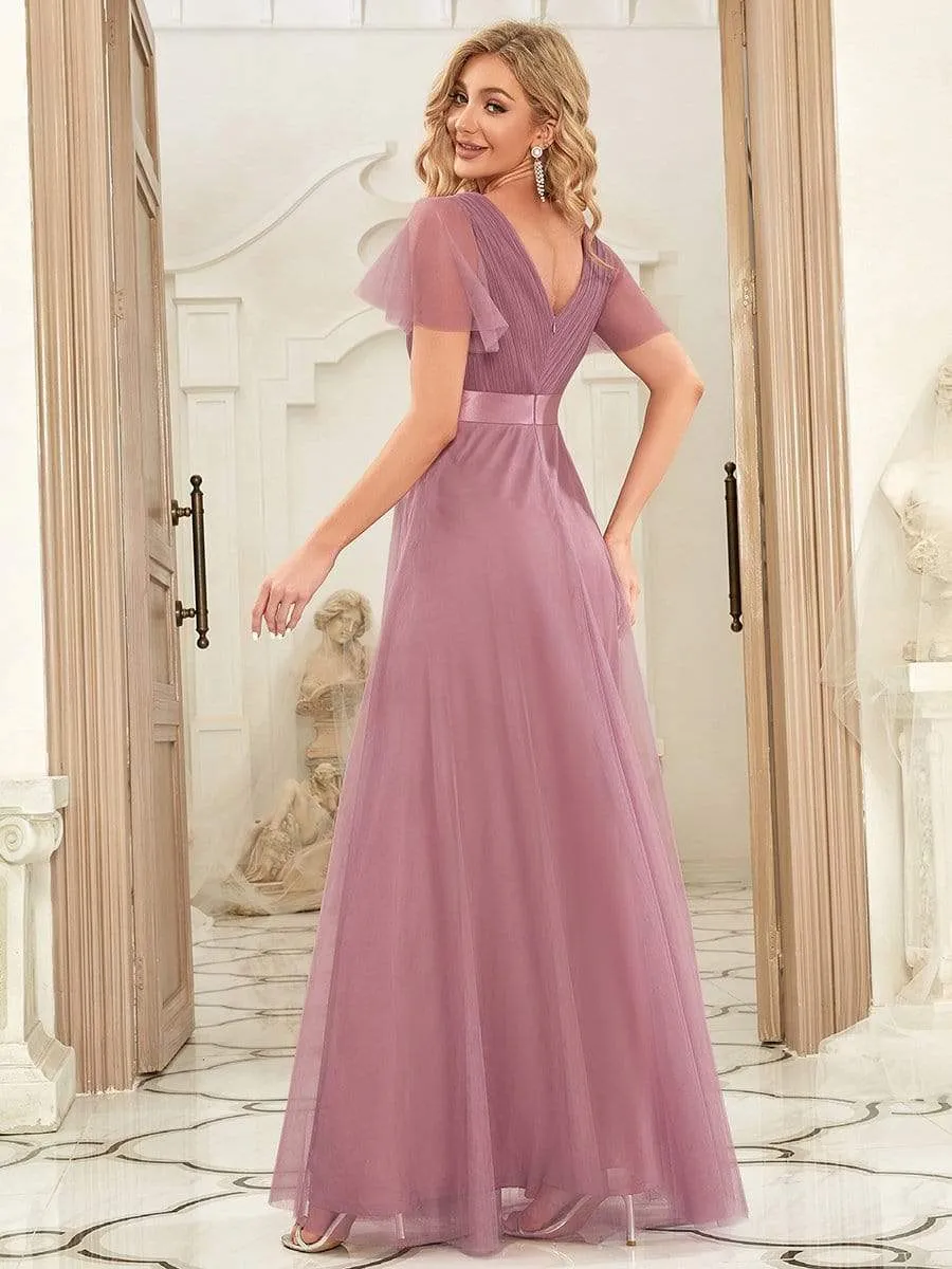 Custom Size Double V-Neck Floor-Length Bridesmaid Dress with Short Sleeve
