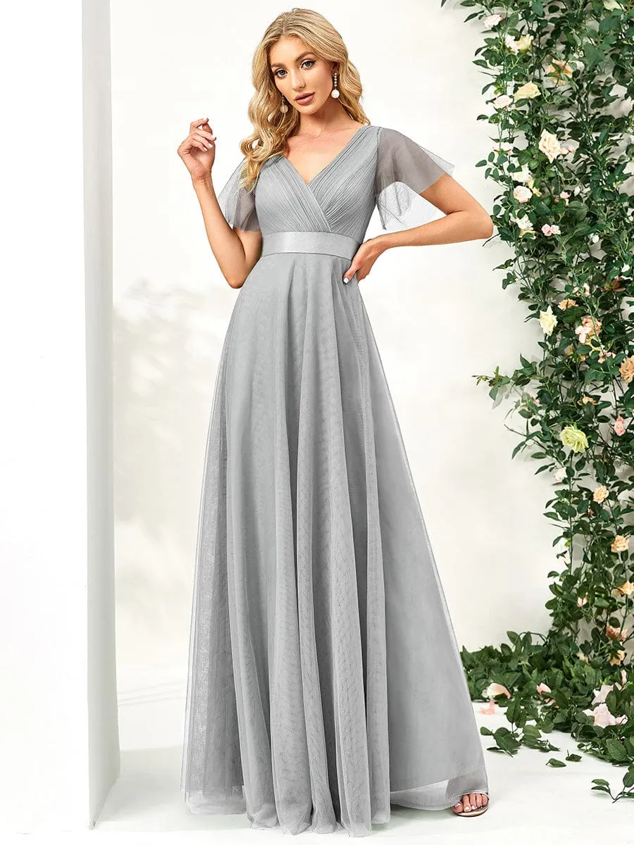 Custom Size Double V-Neck Floor-Length Bridesmaid Dress with Short Sleeve