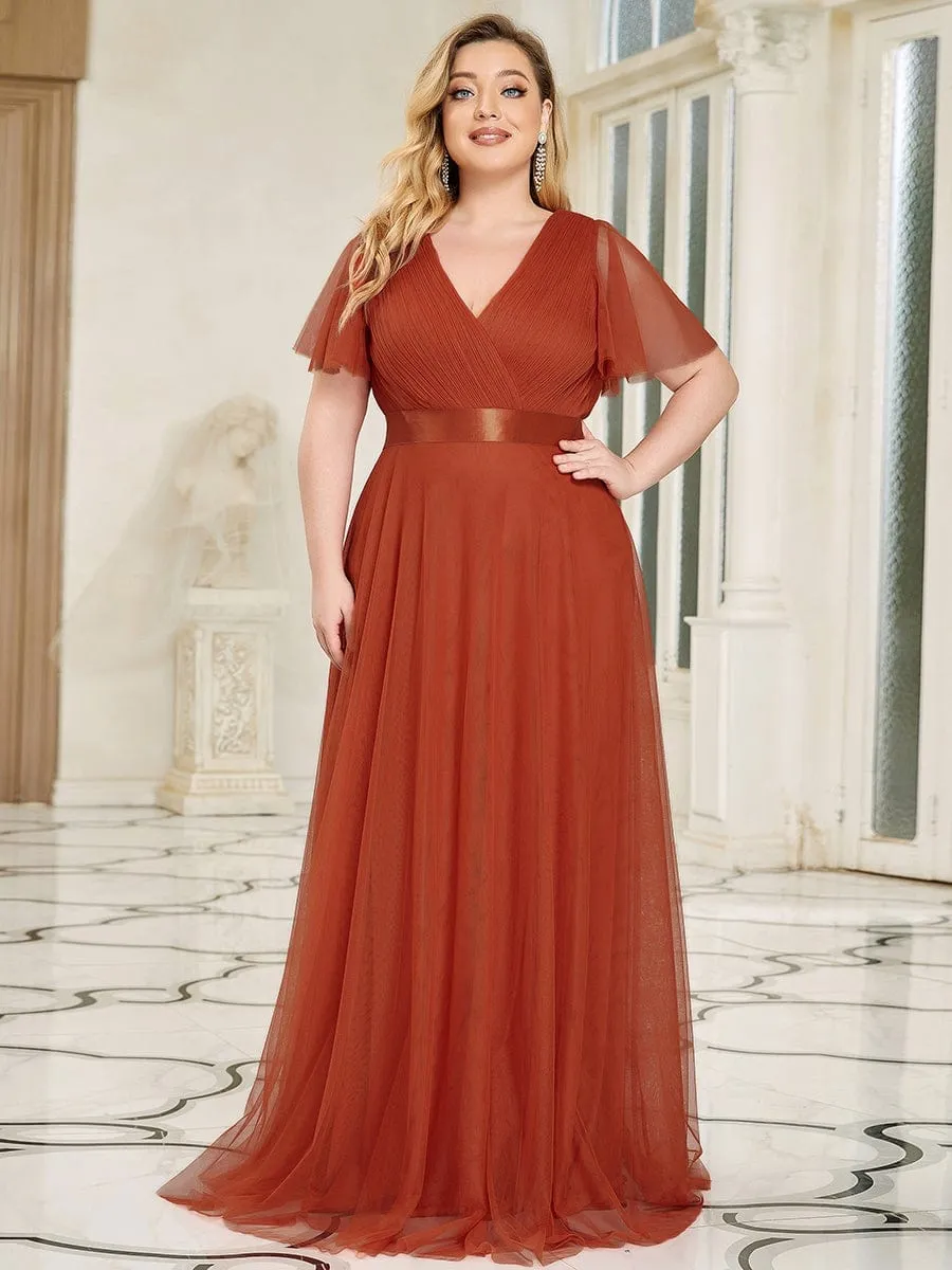 Custom Size Double V-Neck Floor-Length Bridesmaid Dress with Short Sleeve