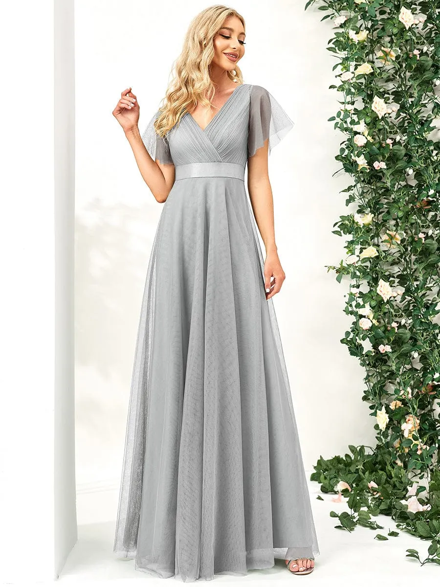 Custom Size Double V-Neck Floor-Length Bridesmaid Dress with Short Sleeve