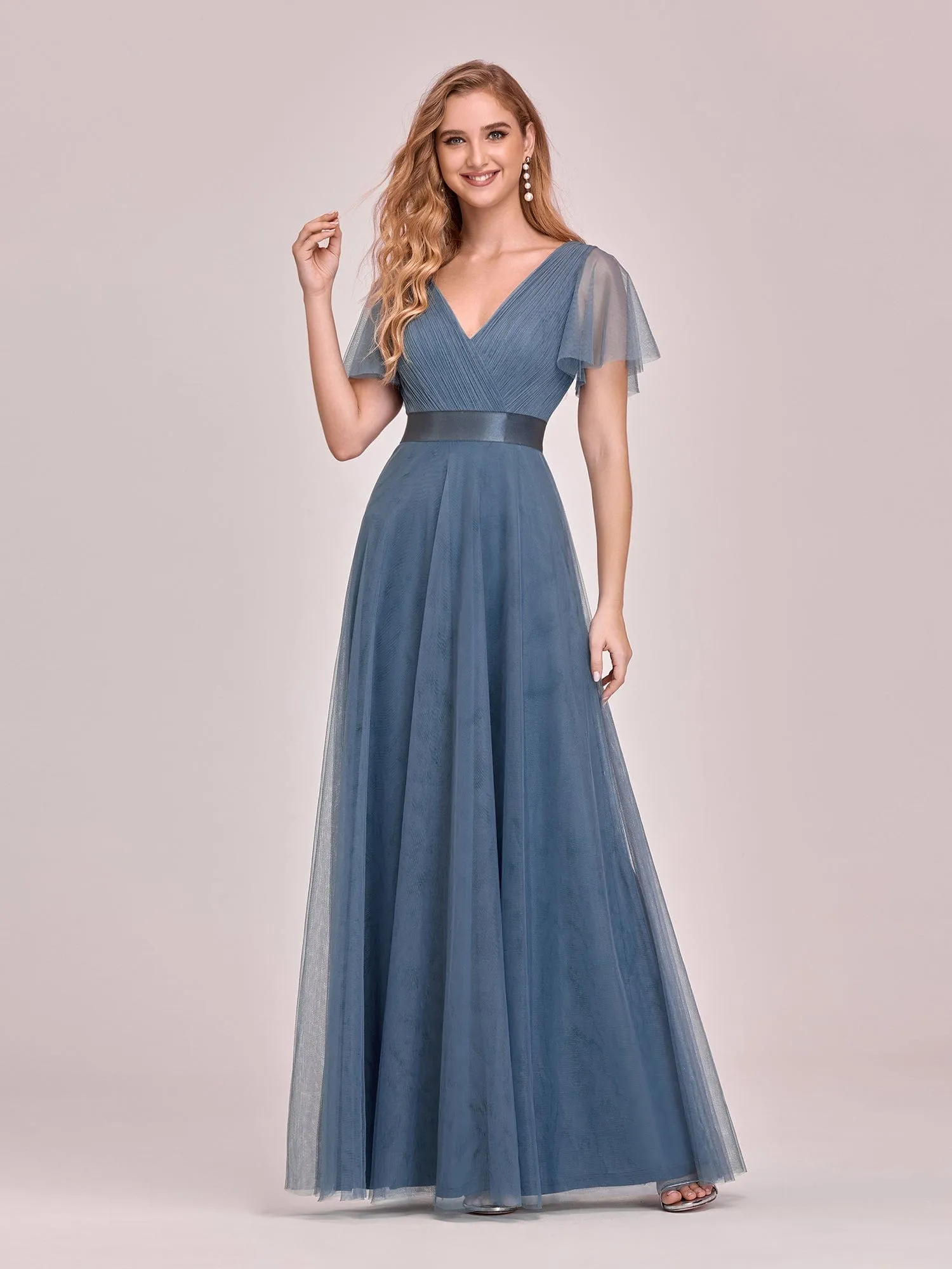 Custom Size Double V-Neck Floor-Length Bridesmaid Dress with Short Sleeve