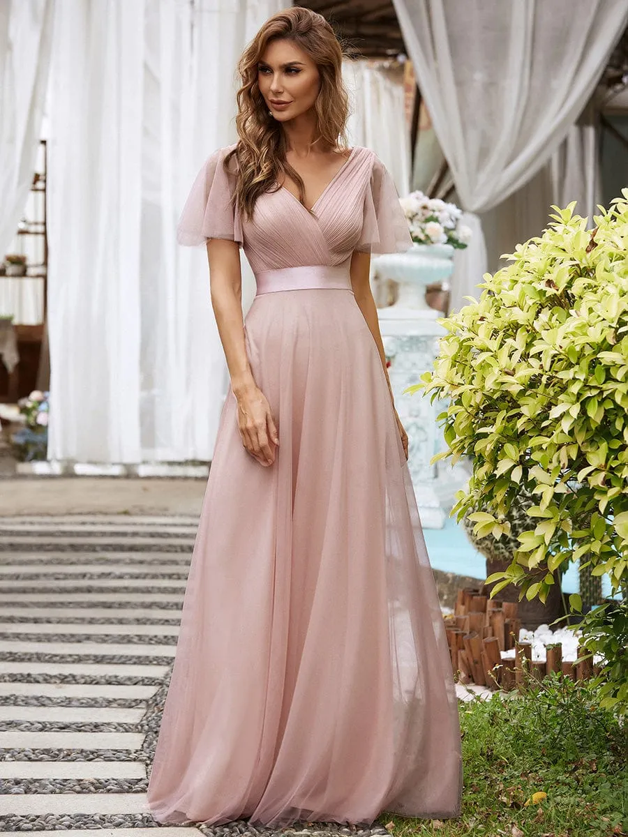 Custom Size Double V-Neck Floor-Length Bridesmaid Dress with Short Sleeve