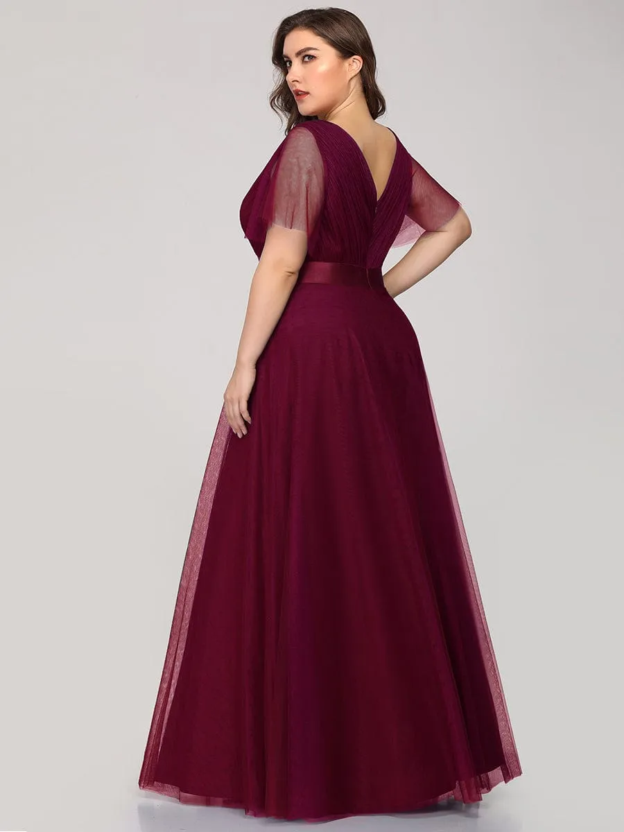 Custom Size Double V-Neck Floor-Length Bridesmaid Dress with Short Sleeve