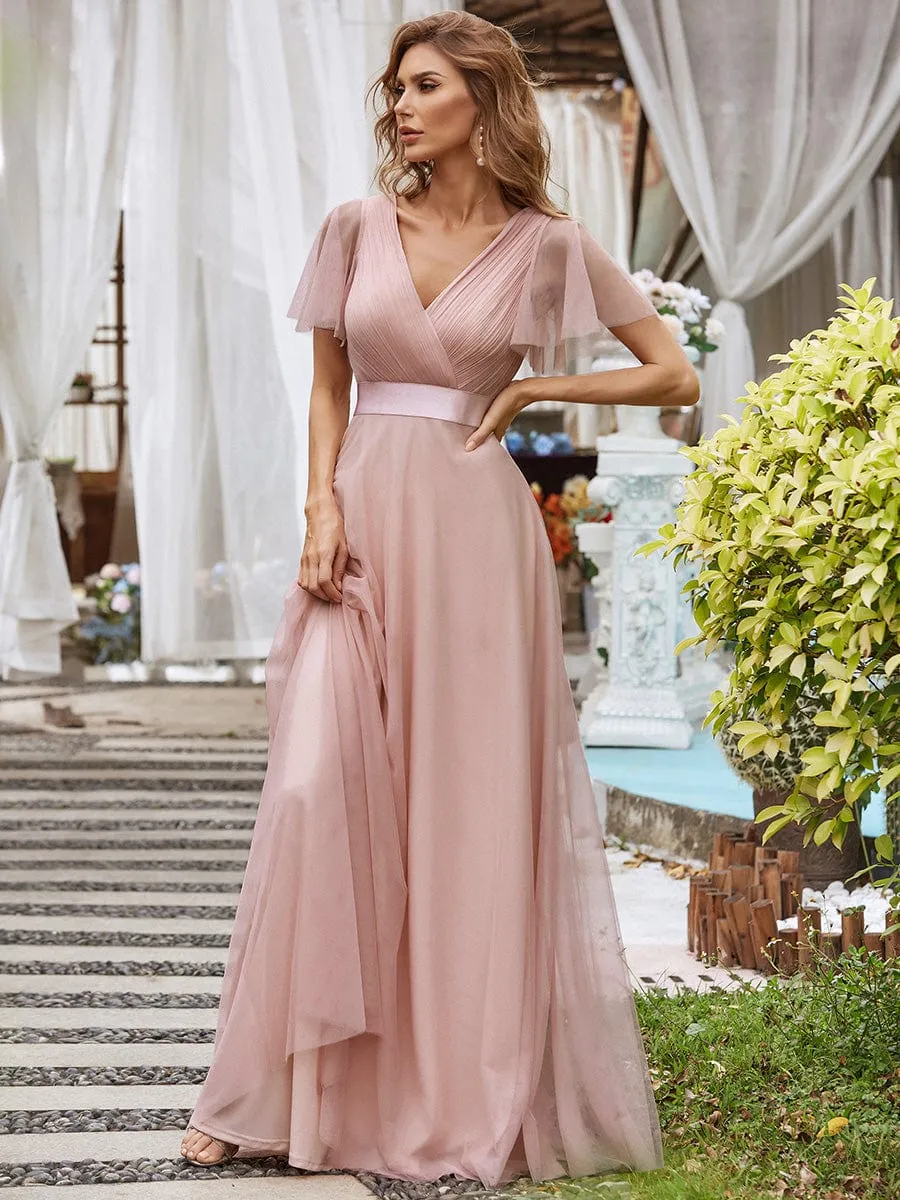 Custom Size Double V-Neck Floor-Length Bridesmaid Dress with Short Sleeve