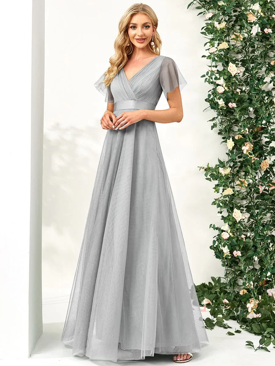 Custom Size Double V-Neck Floor-Length Bridesmaid Dress with Short Sleeve
