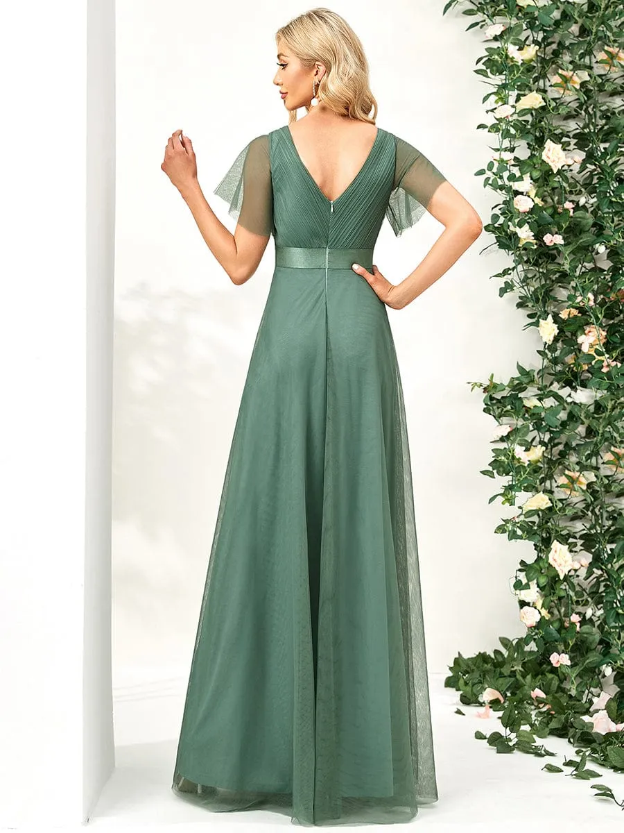 Custom Size Double V-Neck Floor-Length Bridesmaid Dress with Short Sleeve