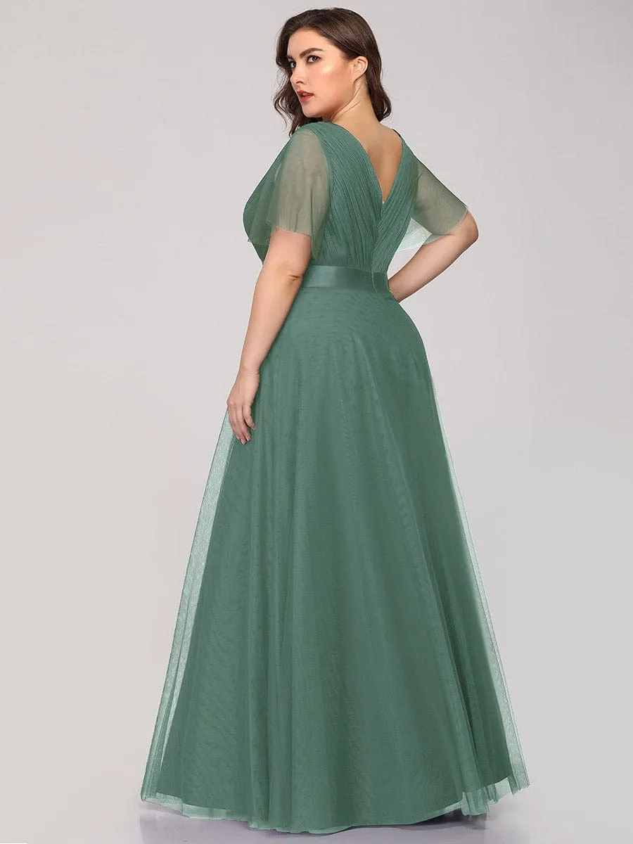 Custom Size Double V-Neck Floor-Length Bridesmaid Dress with Short Sleeve