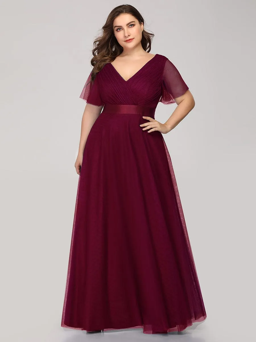 Custom Size Double V-Neck Floor-Length Bridesmaid Dress with Short Sleeve